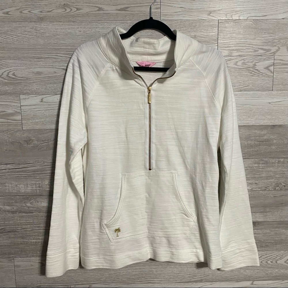 Lilly Pulitzer White and Gold Zip Up with Large Front Pocket
